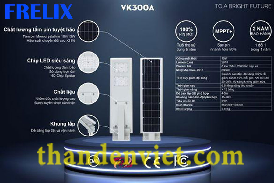 Đèn đường Frelix Solar Light năng lượng mặt trời siêu sáng VK300-A 15W