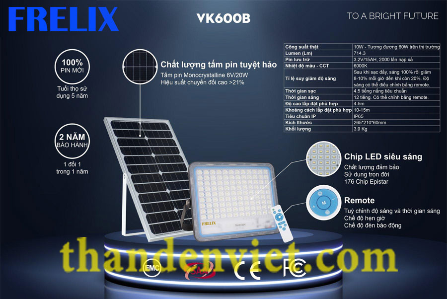 Đèn pha năng lượng mặt trời sử dụng trong nhà Frelix Solar Light VK600-B 60W