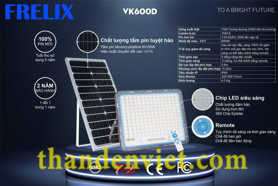 Đèn pha năng lượng mặt trời sử dụng trong nhà Frelix Solar Light VK600-D 200W