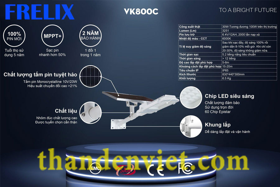 Đèn đường năng lượng mặt trời Frelix Solar Light VK800-C 50W cao cấp